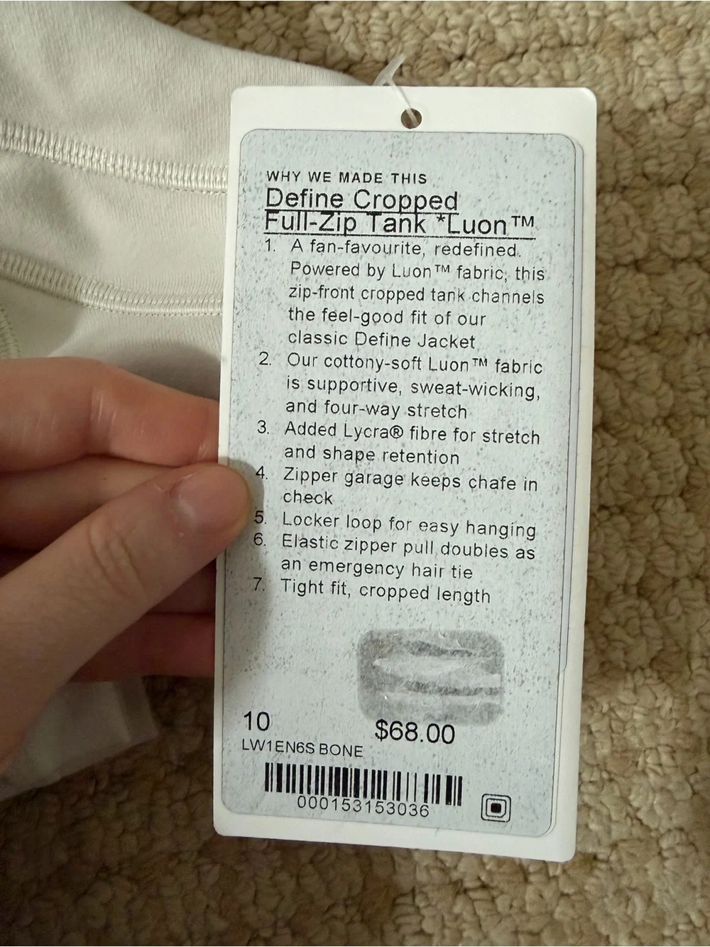 lululemon Define Cropped Full-Zip Tank Luon in Bone